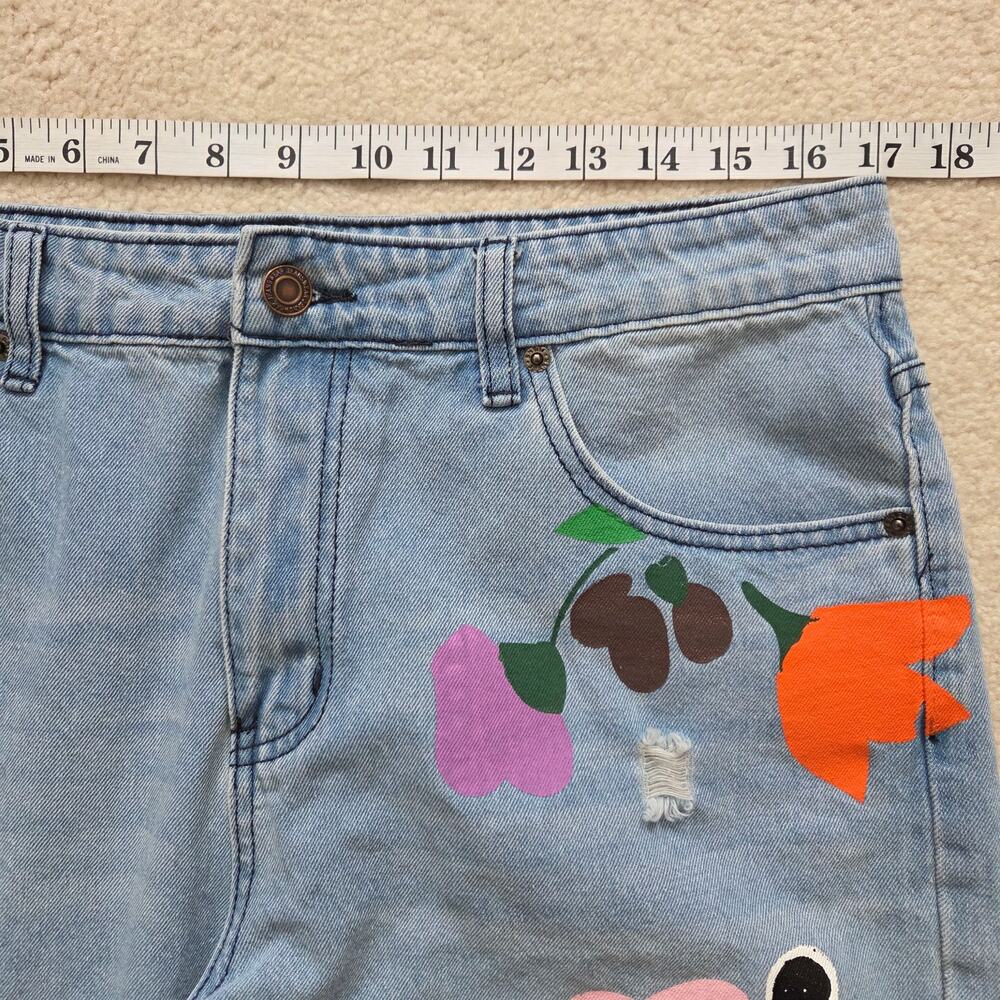 Misslook XL Distressed Denim Floral Painted Artsy Hippie Boho Straight Leg Jeans - Picture 4 of 11